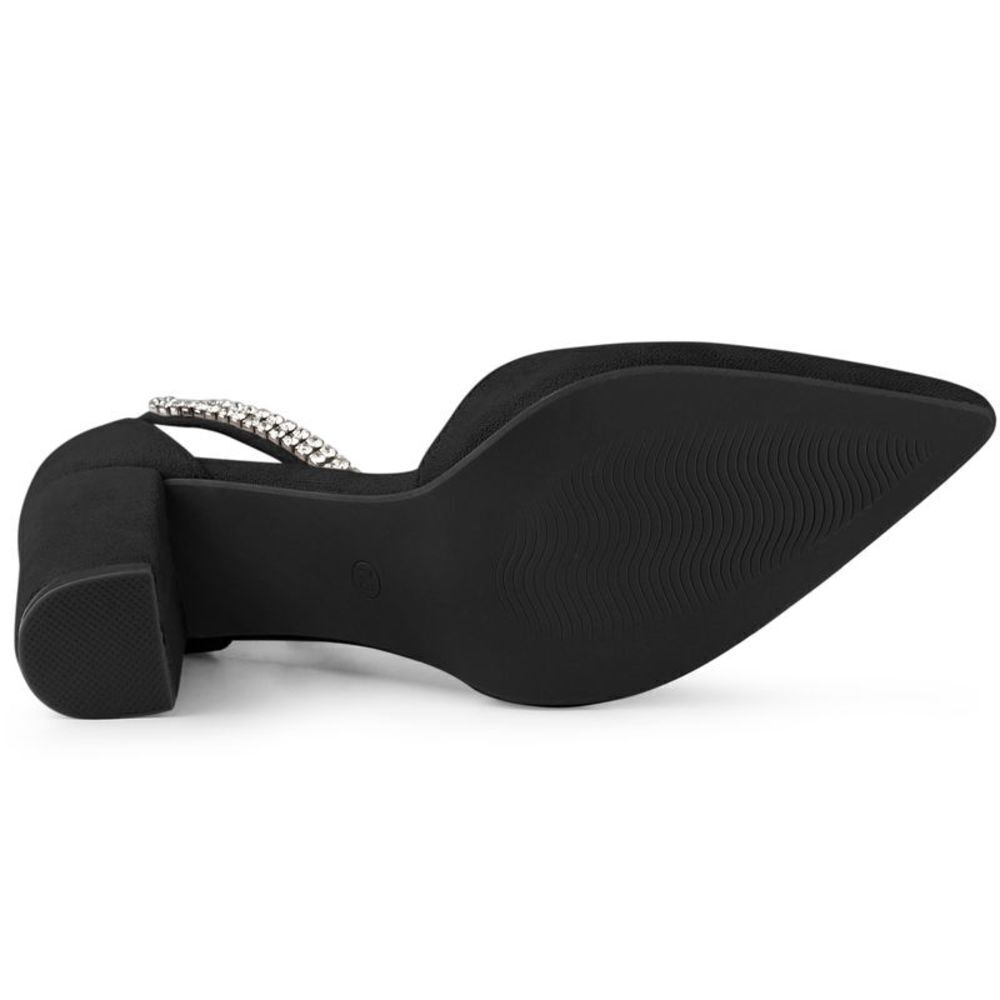 Pointed Toe Rhinestone Ankle Strap Black Chunky Heels Pumps - Picture 6 of 6